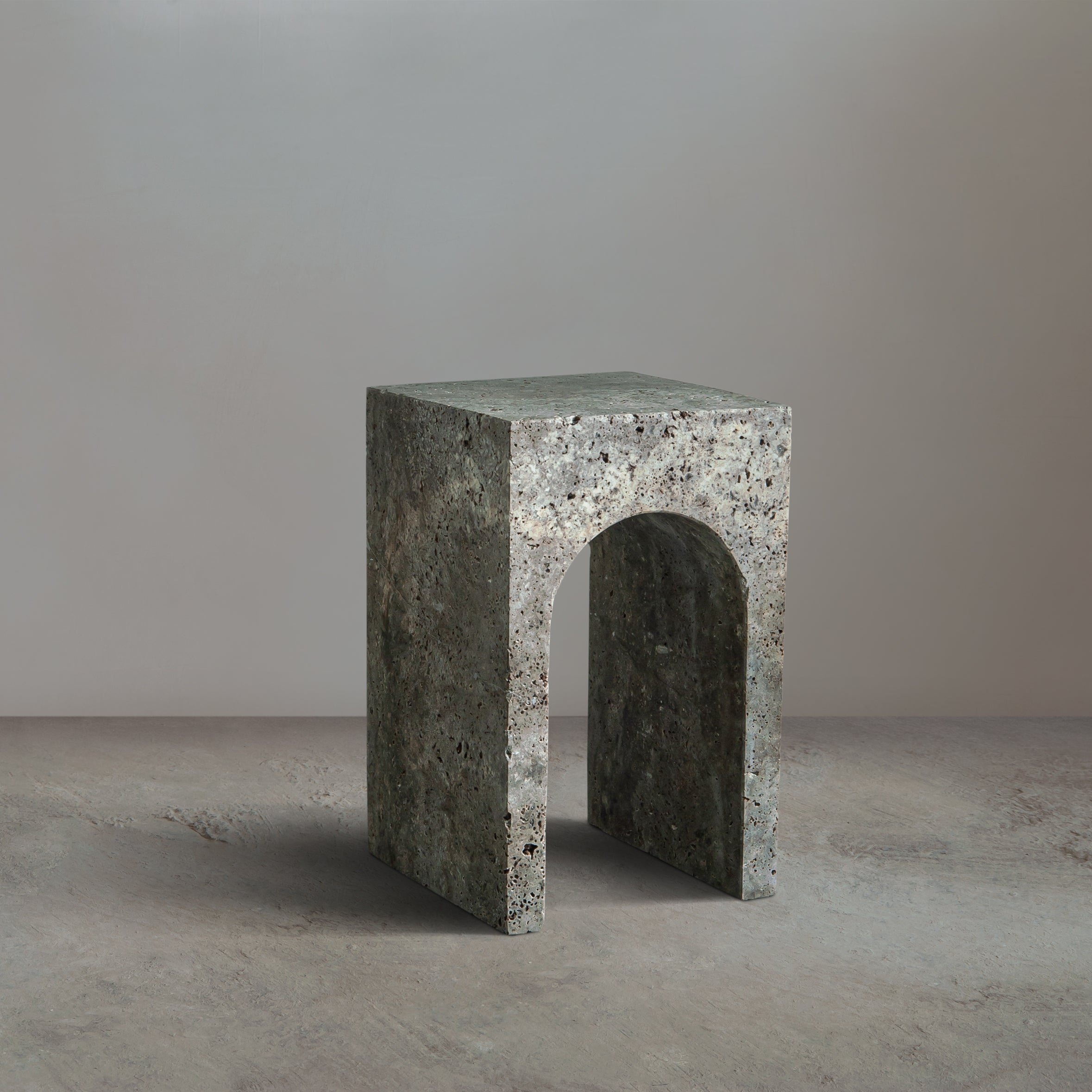 Archaea Silver Side Table, silver travertine side table handcrafted by Uniiqo Studio