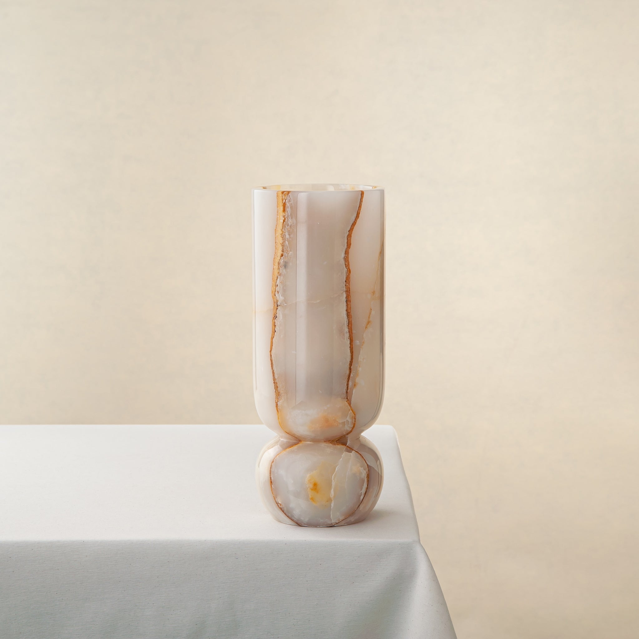 Rare onyx decorative vase in warm beige and brown tones for luxury interior decor