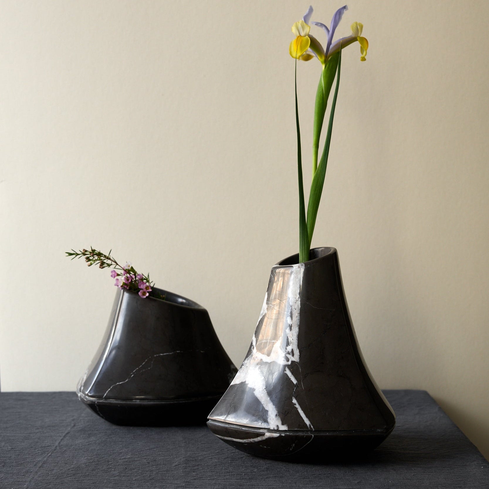 handcrafted set of marble vases by Uniiqo Studio made out of pietra grey marble
