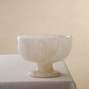 handcrafted alabaster pedestal bowl with translucent ivory stone and smooth polished surface

