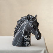 Unique handcrafted black marble horse sculpture with striking white veining
