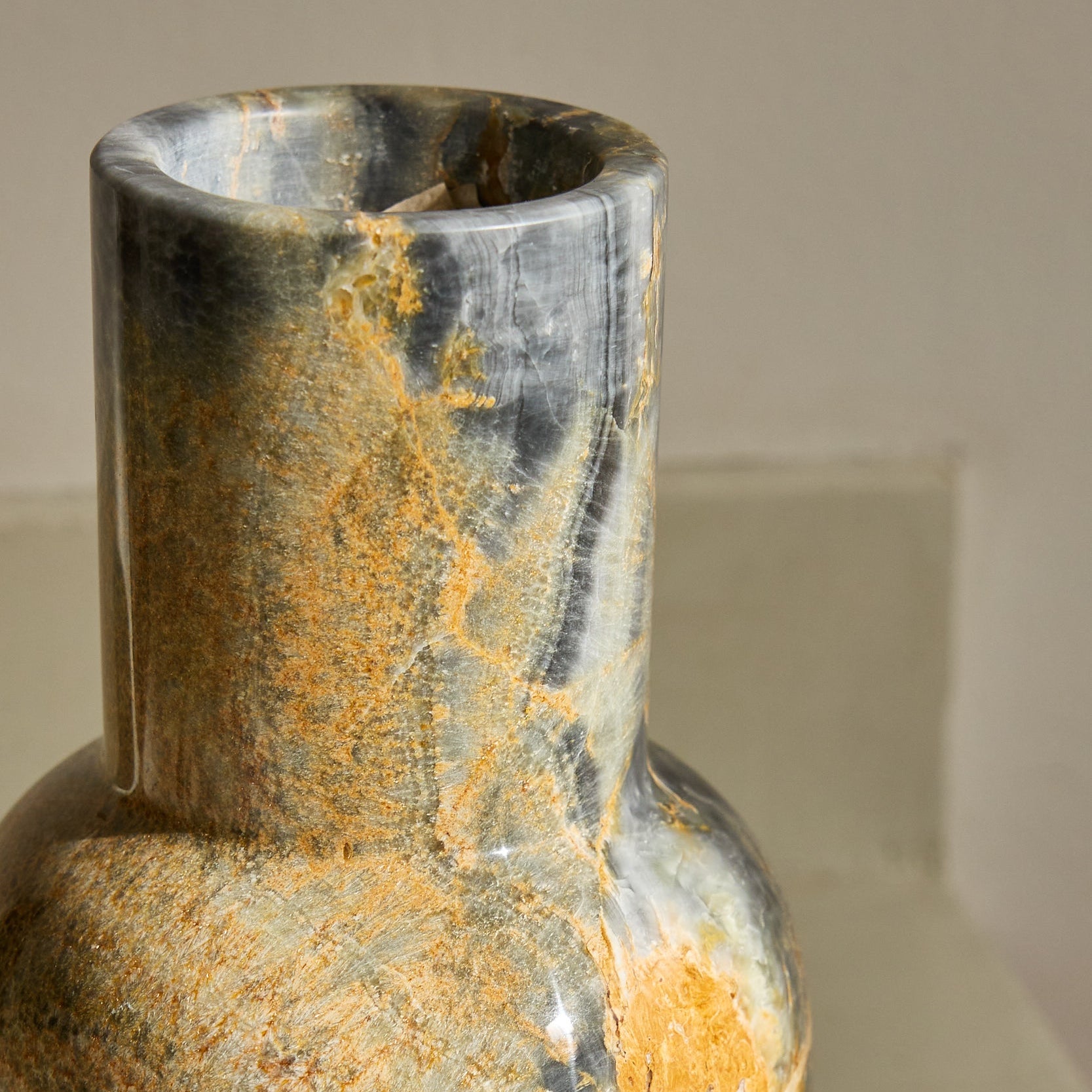 Blue onyx vase with yellow details. Handmade, unique.