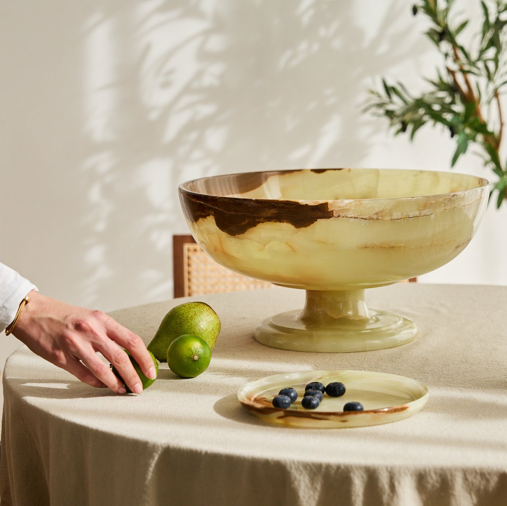 Large green onyx bowl with foot. For table decoration or home accessory.