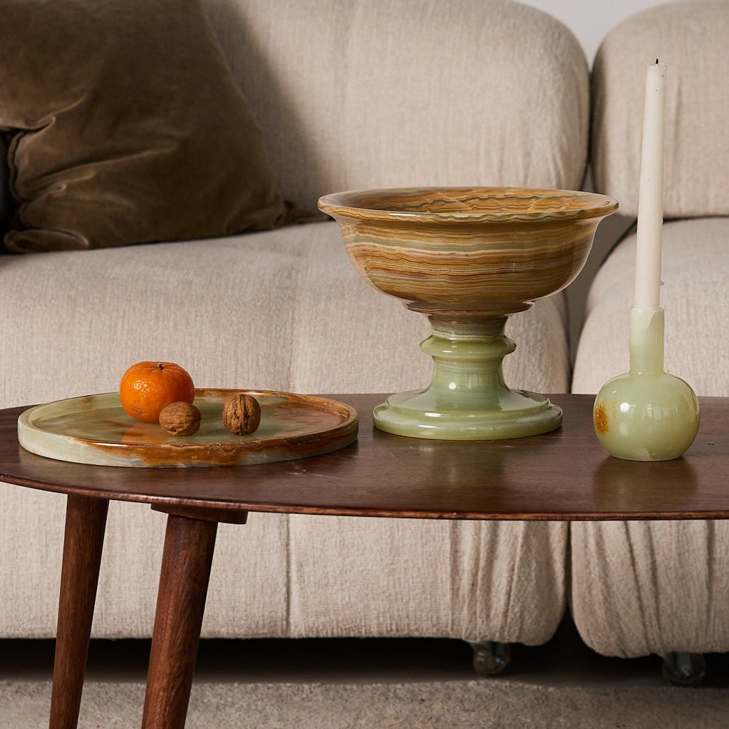 Green onyx table accessories with brown veining. Unique stone and handmade.