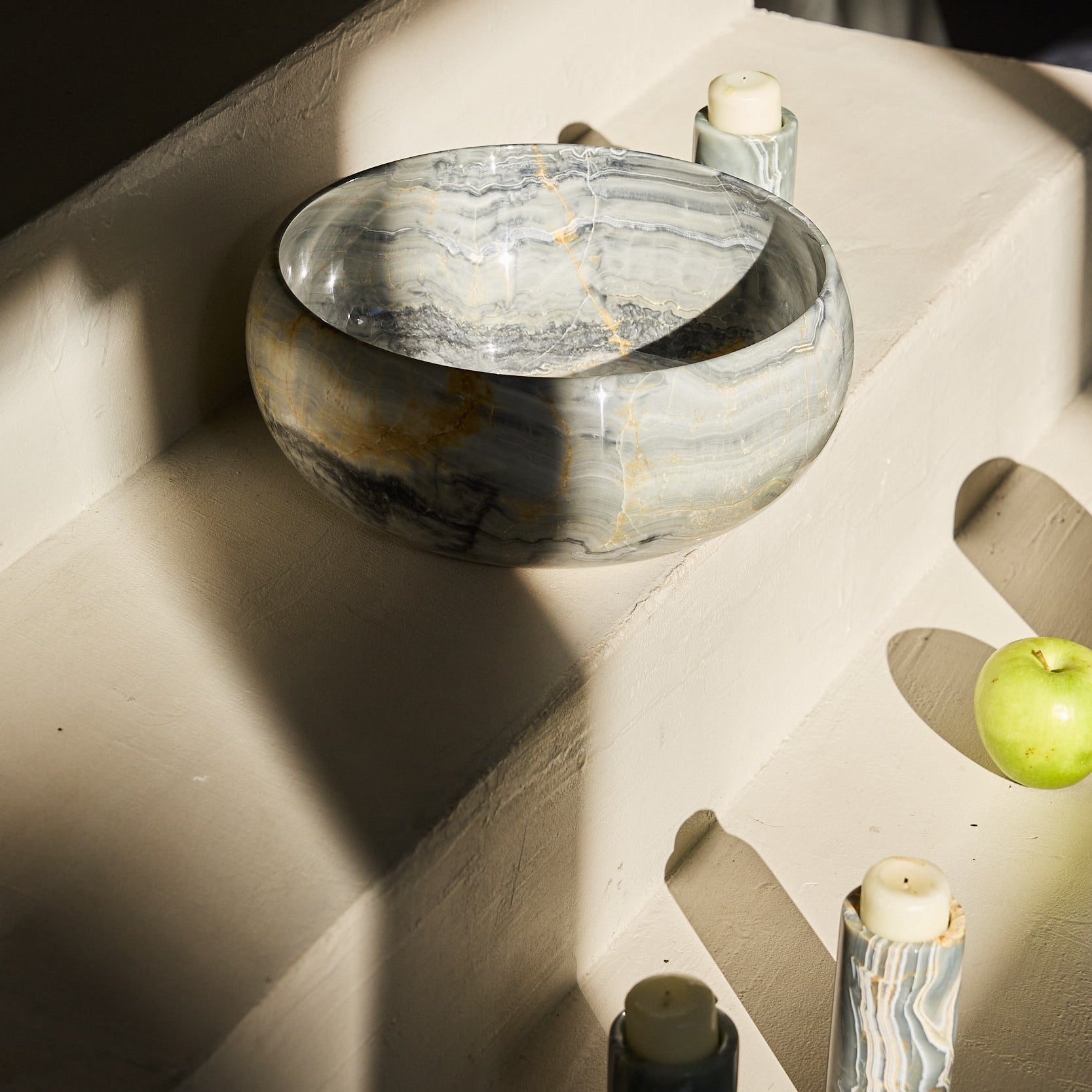 Large blue onyx bowl with amber veining. Rare stone with unique craftmanship