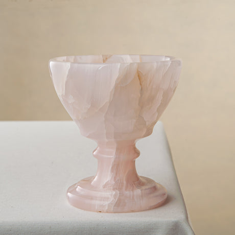handcrafted onyx bowl blush pink translucent stone elegant pedestal design
