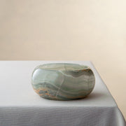 Handcrafted green onyx bowl with layered banding unique decorative centerpiece

