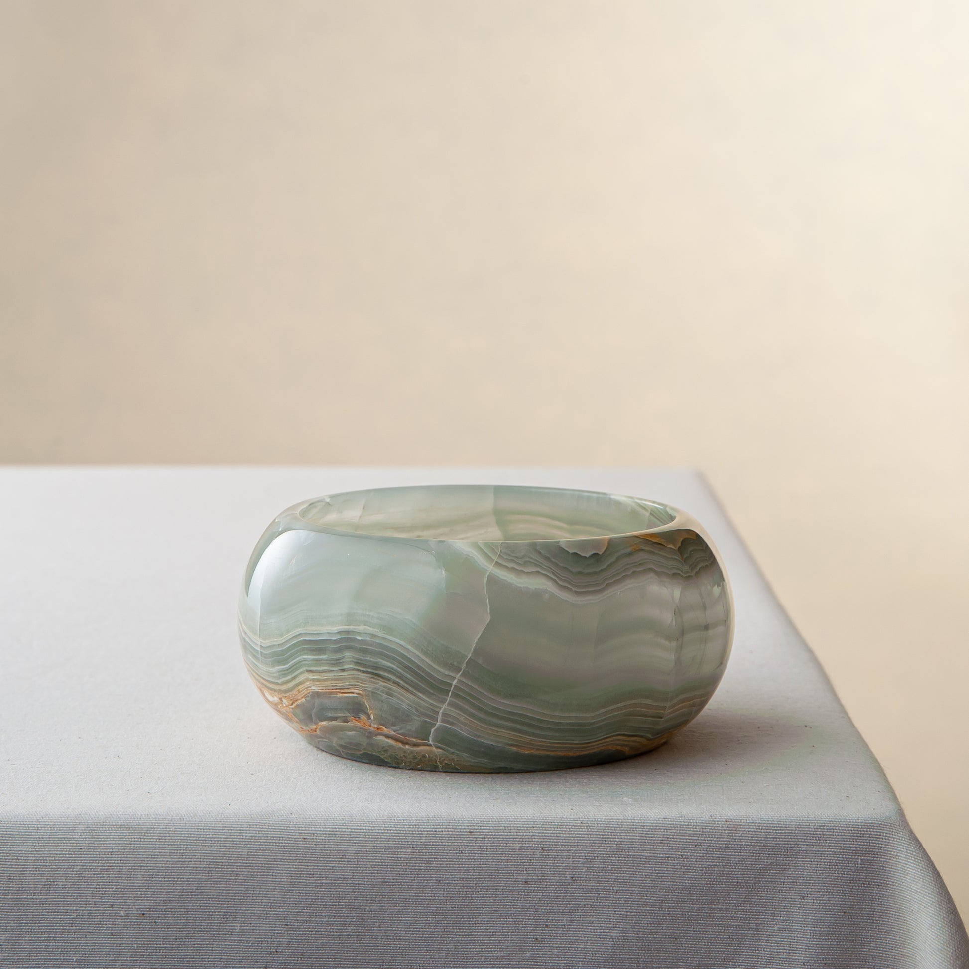 Handcrafted green onyx bowl with layered banding unique decorative centerpiece
