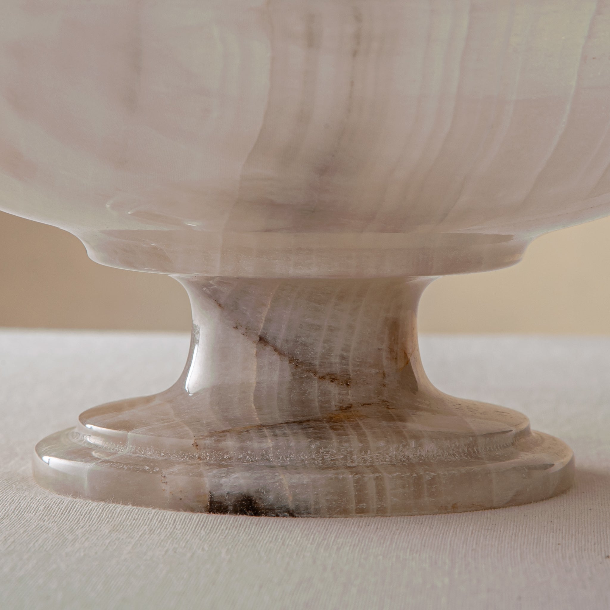 handcrafted onyx bowl with neutral translucency and beige grey veining for luxury decor
