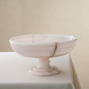 handcrafted onyx bowl with pedestal base milky white translucent stone and natural veining for centerpiece
