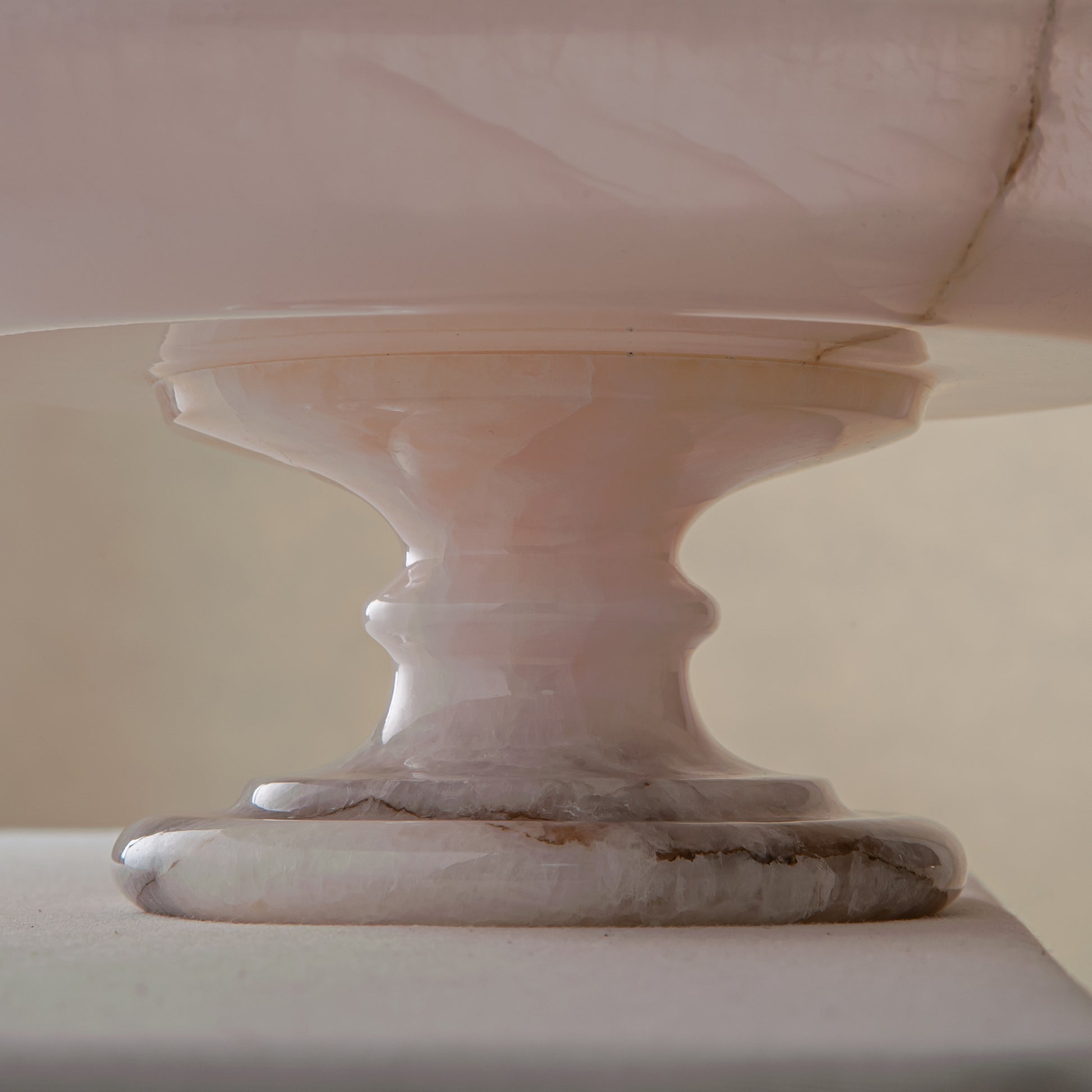 handcrafted onyx bowl with pedestal base milky white translucent stone and natural veining for centerpiece
