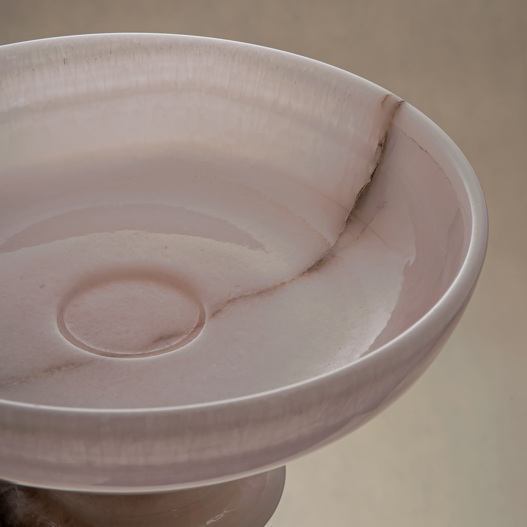 handcrafted onyx bowl with pedestal base milky white translucent stone and natural veining for centerpiece
