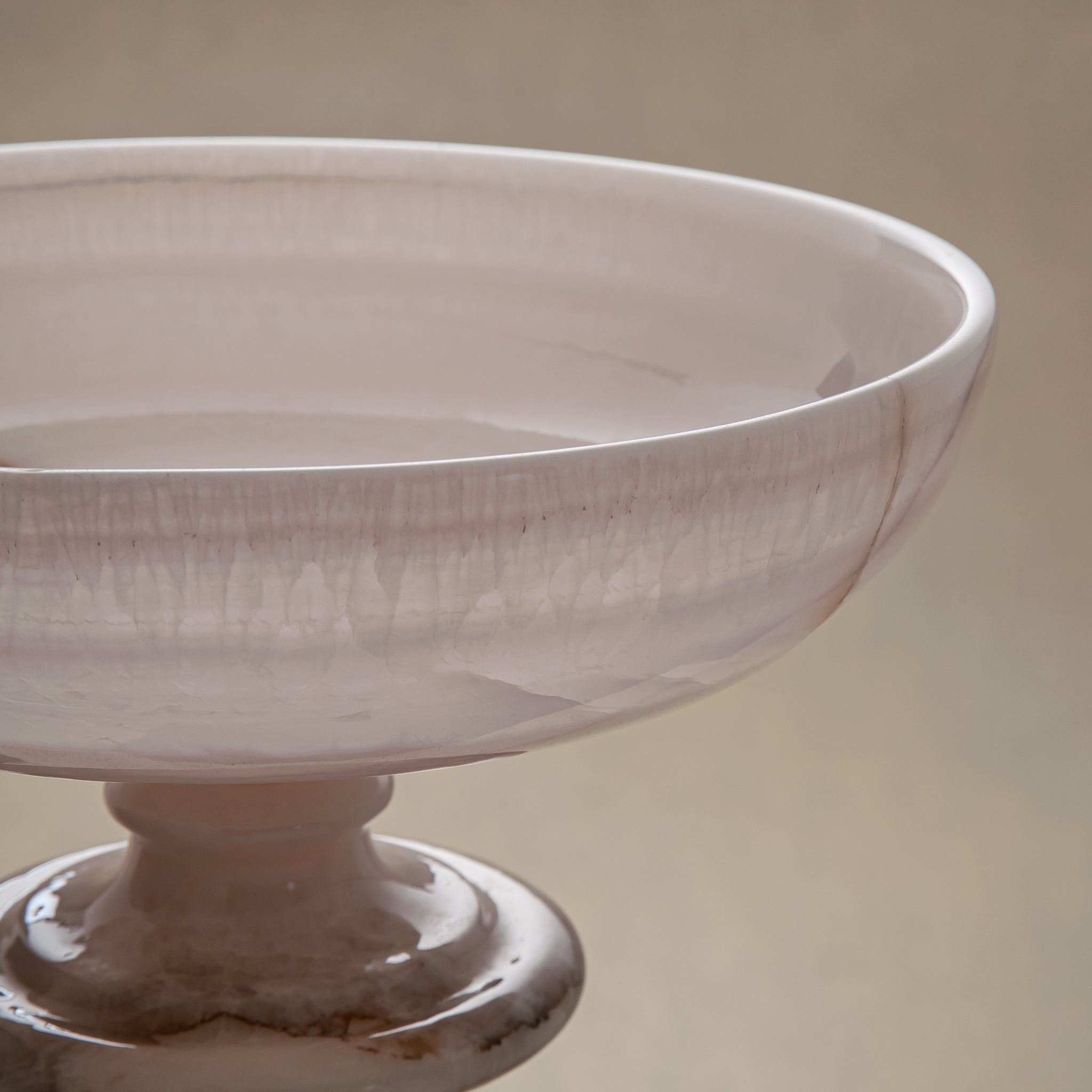 handcrafted onyx bowl with pedestal base milky white translucent stone and natural veining for centerpiece

