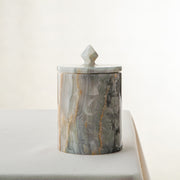 handcrafted onyx jar with lid in green and grey veining for luxury storage decor
