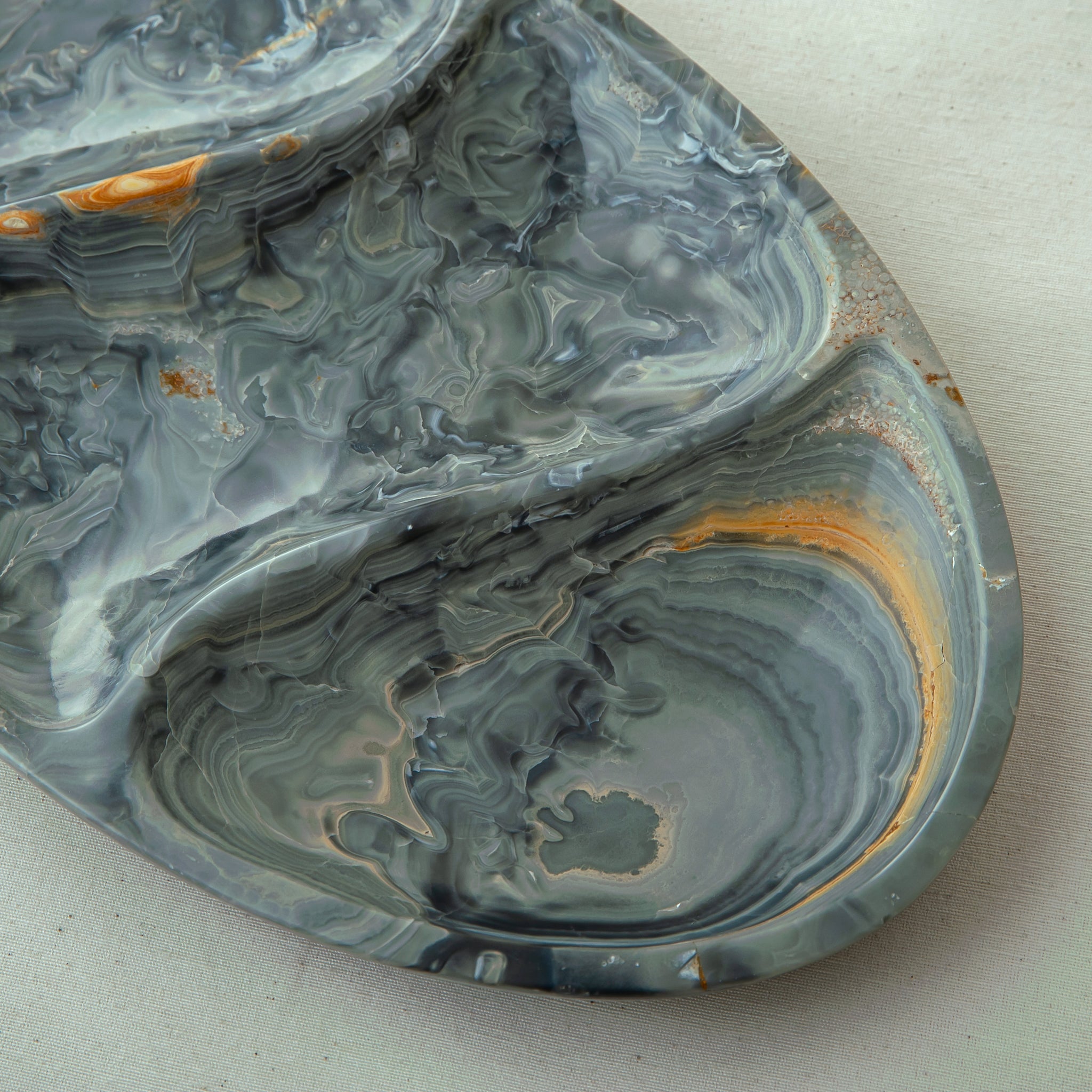 handcrafted onyx tray blue layered stone with amber veining decorative centerpiece
