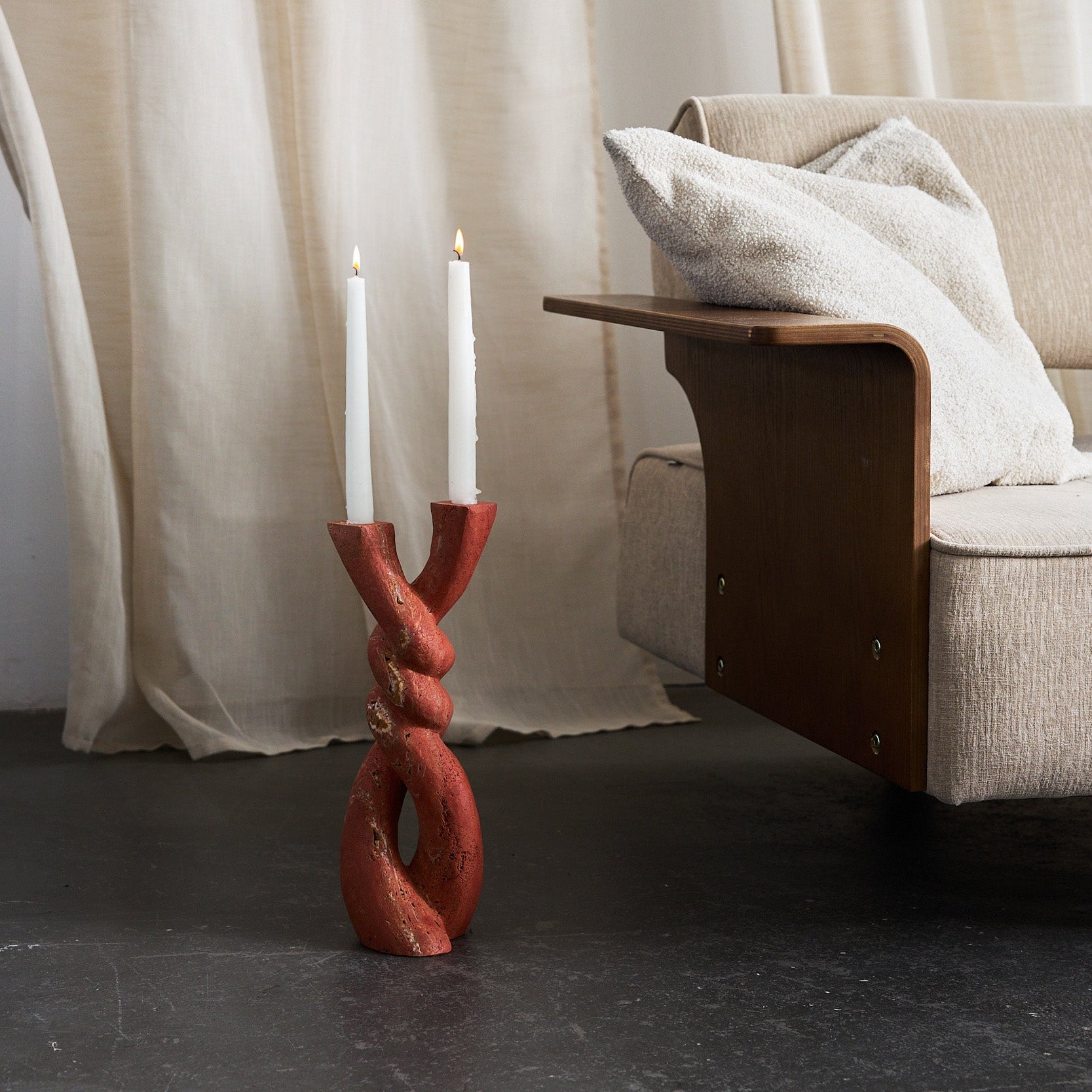 rare red travertine candle holder statement object by Uniiqo Studio