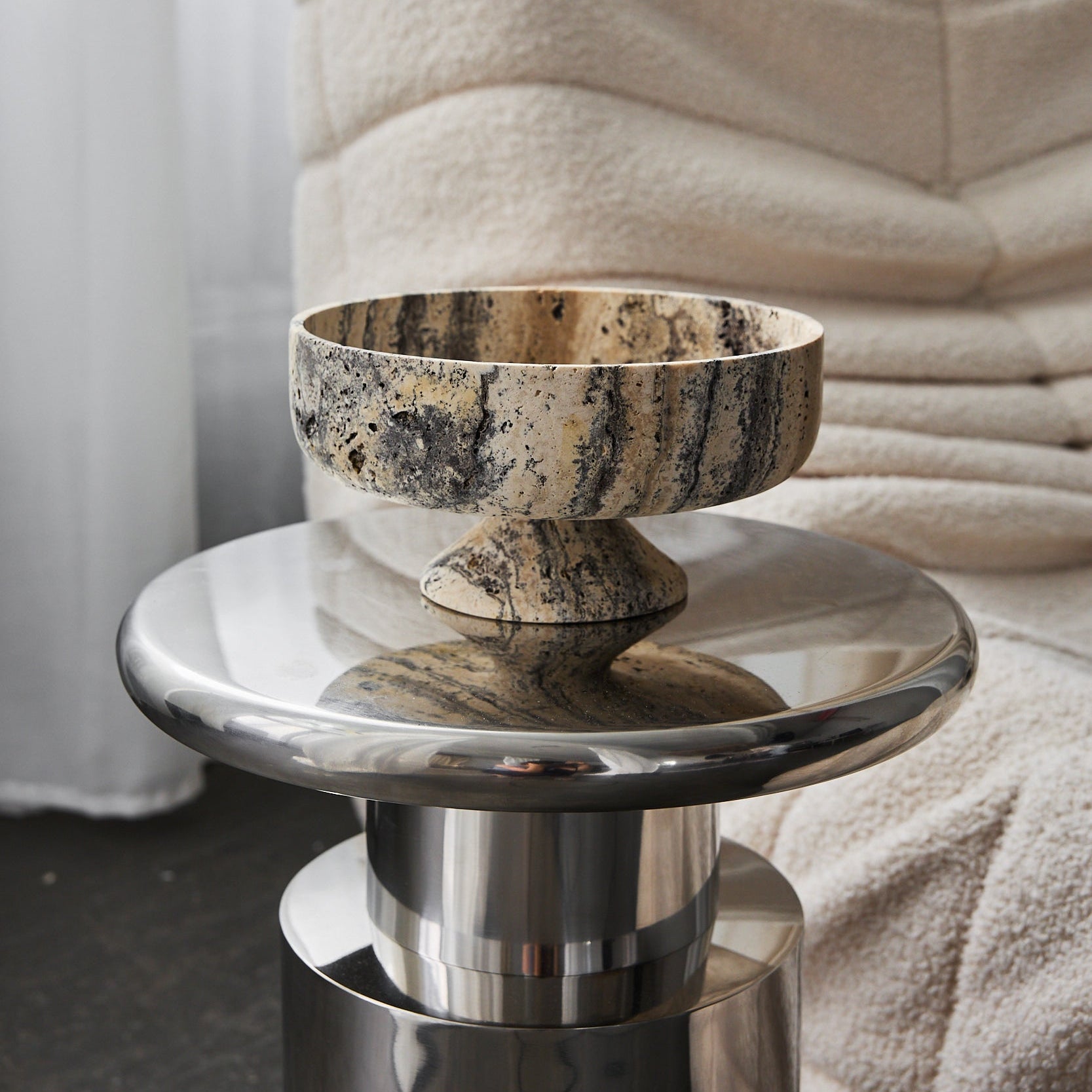 rare silver travertine bowl handcrafted by uniiqo Studio