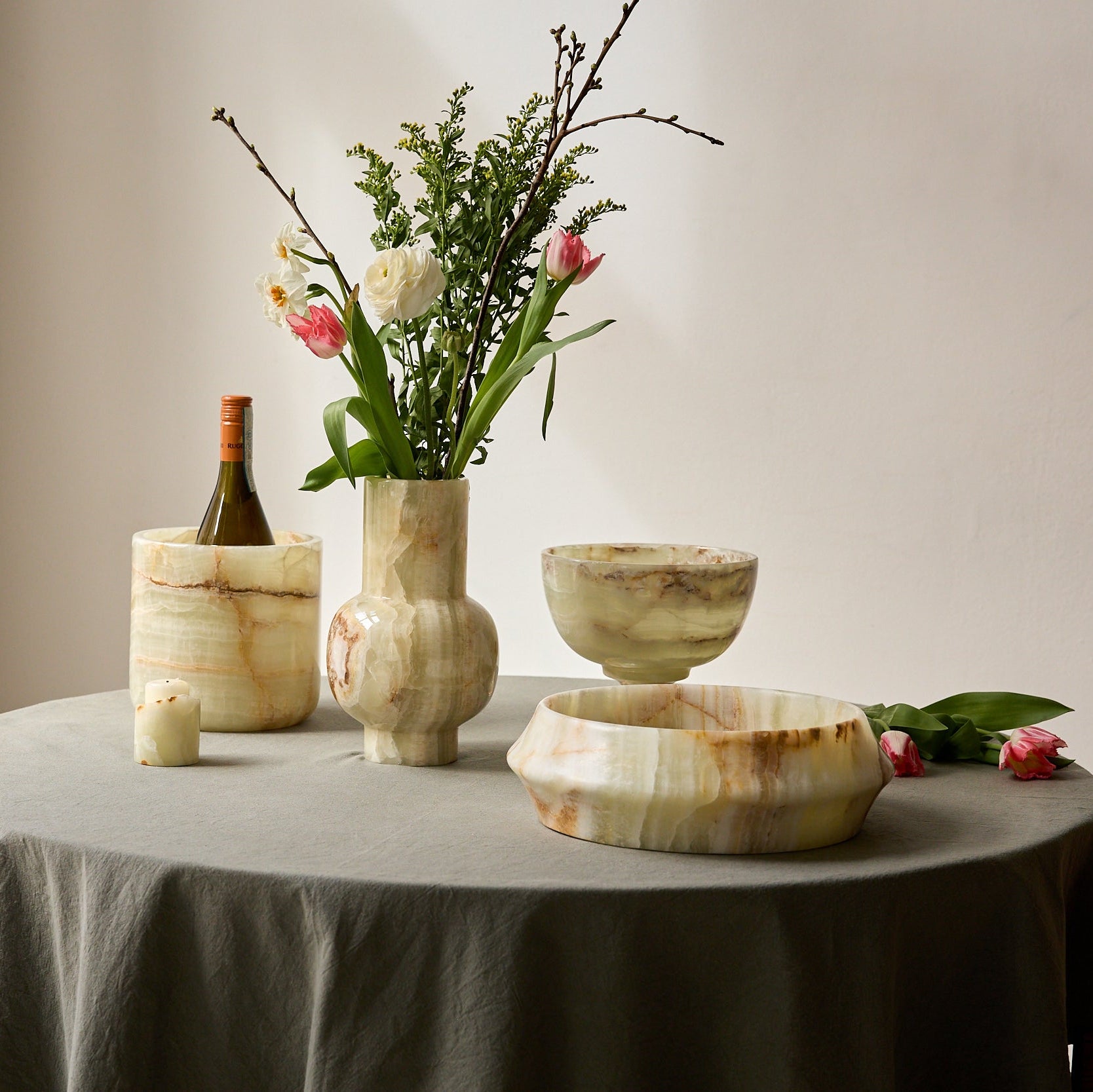 set of green Onyx Bowls and vase and candle holder handcrafted by Uniiqo Studio