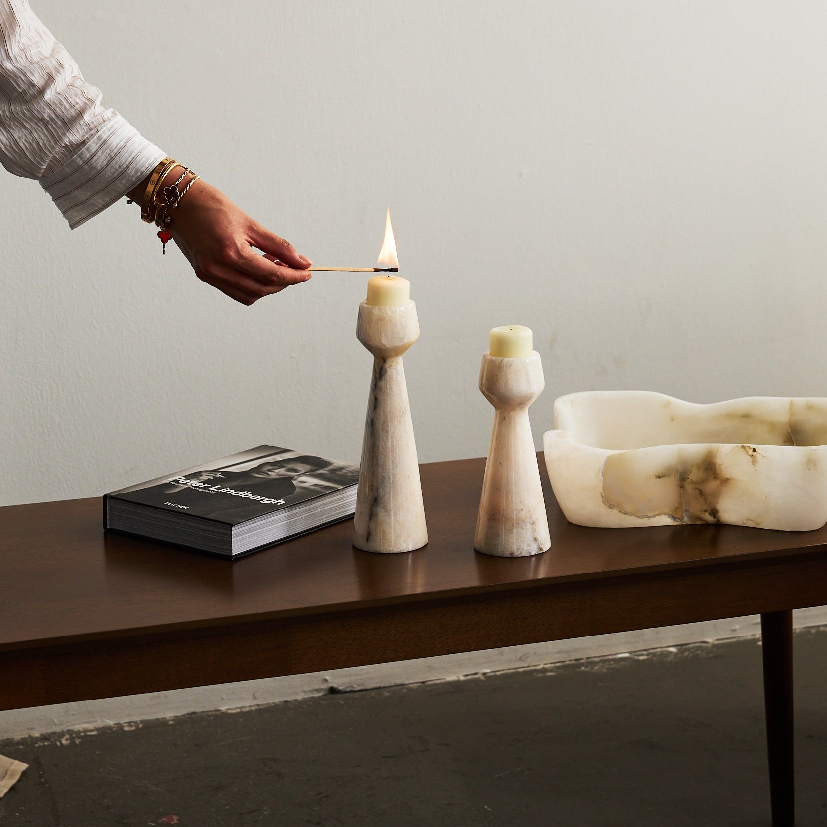 set of white onyx candle holders and white onyx bowl by Uniiqo Studio - rare decorative home accessories for luxurious homes