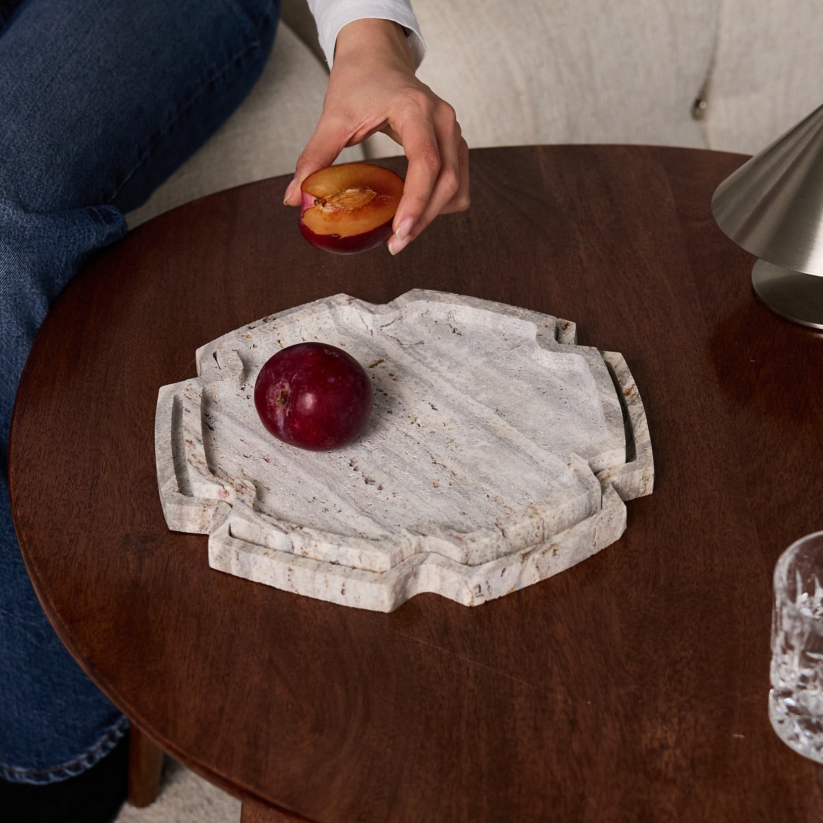 Unique handcrafted Travertine tray set with layered sculptural edges and natural grey stone texture

